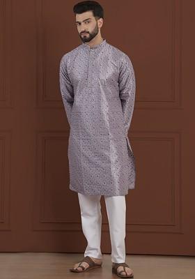 Purple Embroidered Cotton Kurta Set For Men