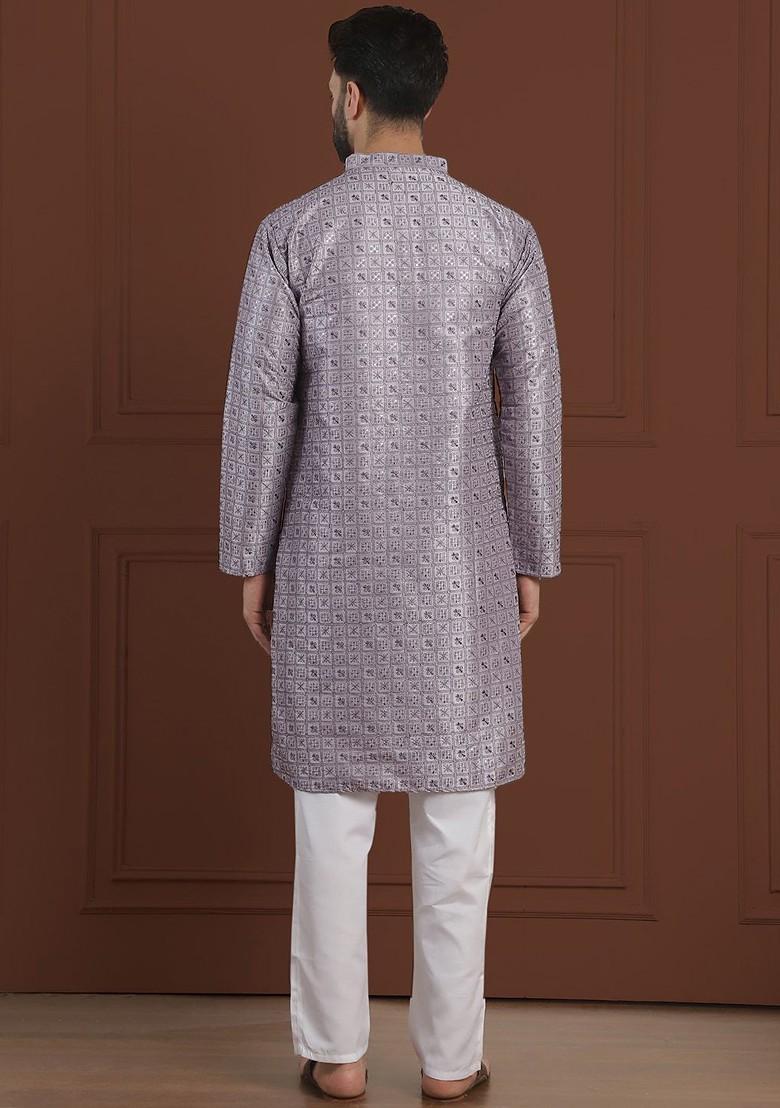 Purple Embroidered Cotton Kurta Set For Men