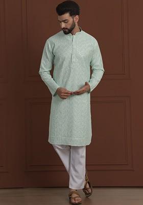 Sea Green Embroidered Poly Blend Kurta Set For Men