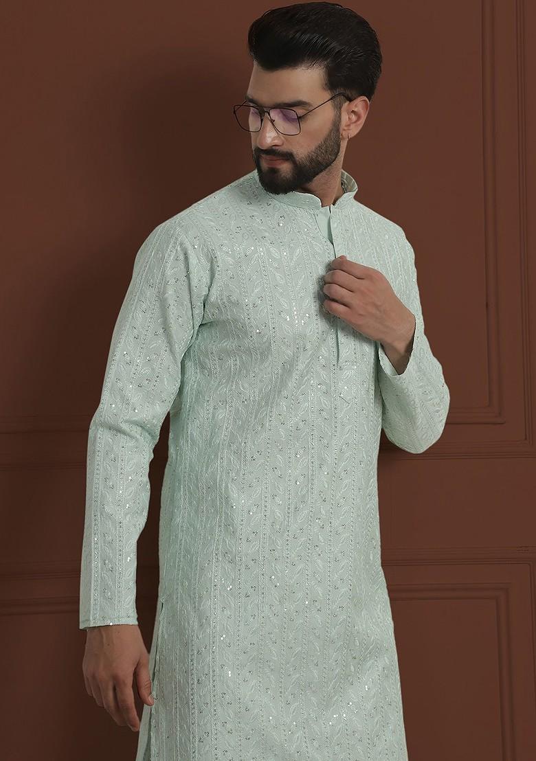 Sea Green Embroidered Poly Blend Kurta Set For Men