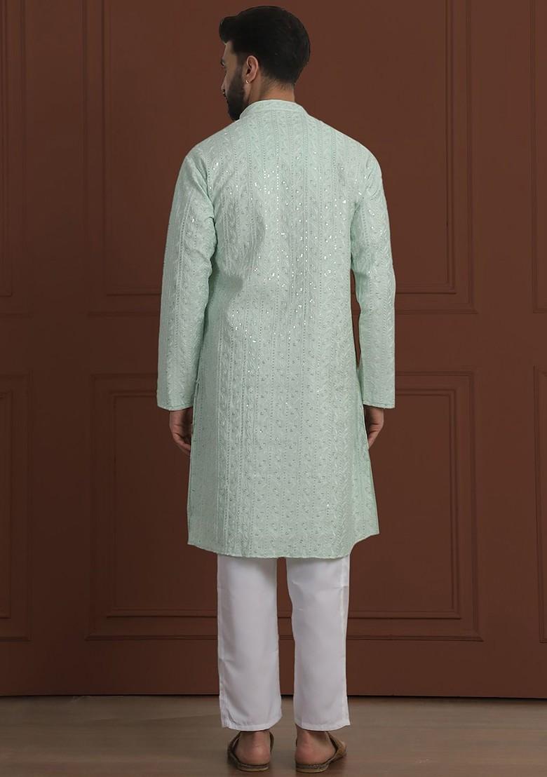 Sea Green Embroidered Poly Blend Kurta Set For Men