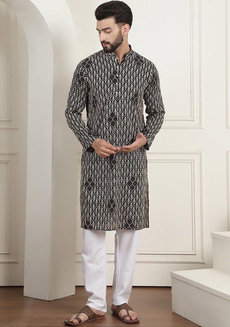 Black Embroidered Cotton Kurta Set For Men