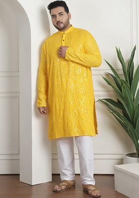 Mustard Embroidered Cotton Kurta Set For Men