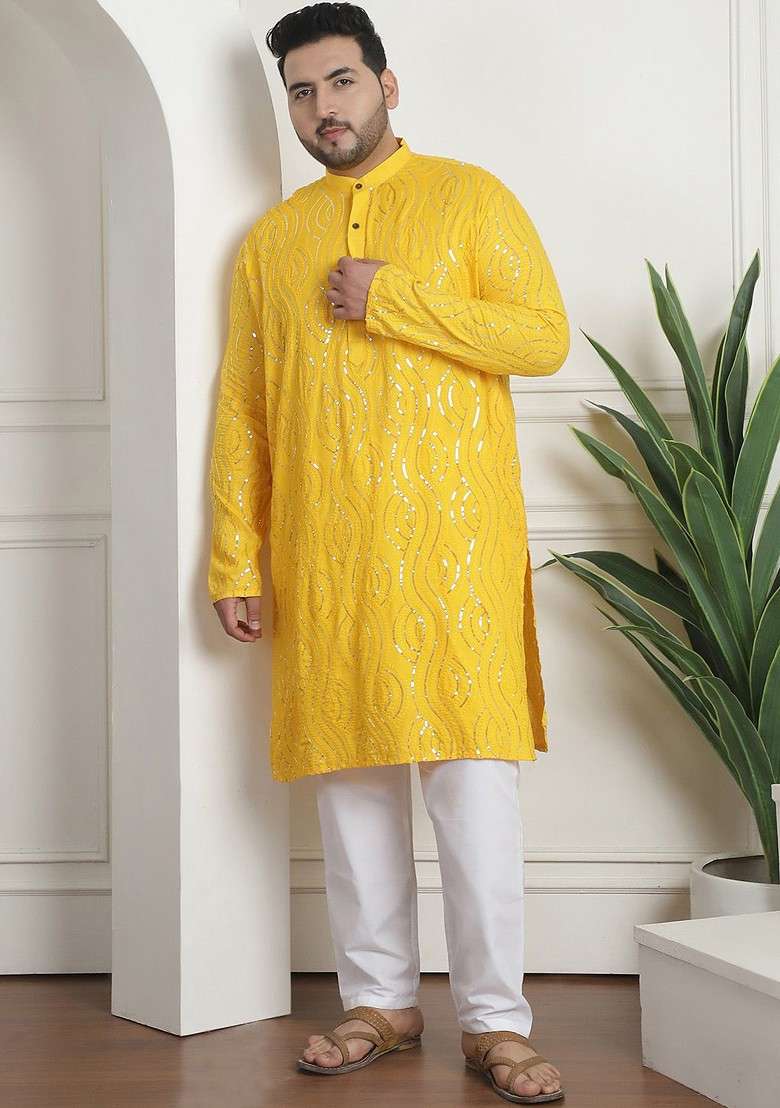 Mustard Embroidered Cotton Kurta Set For Men - Indya