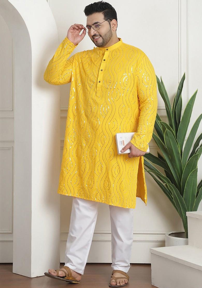 Mustard Embroidered Cotton Kurta Set For Men
