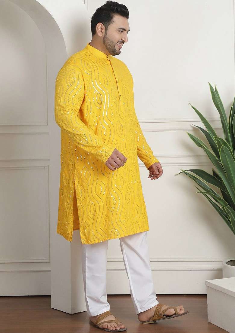Mustard Embroidered Cotton Kurta Set For Men - Indya