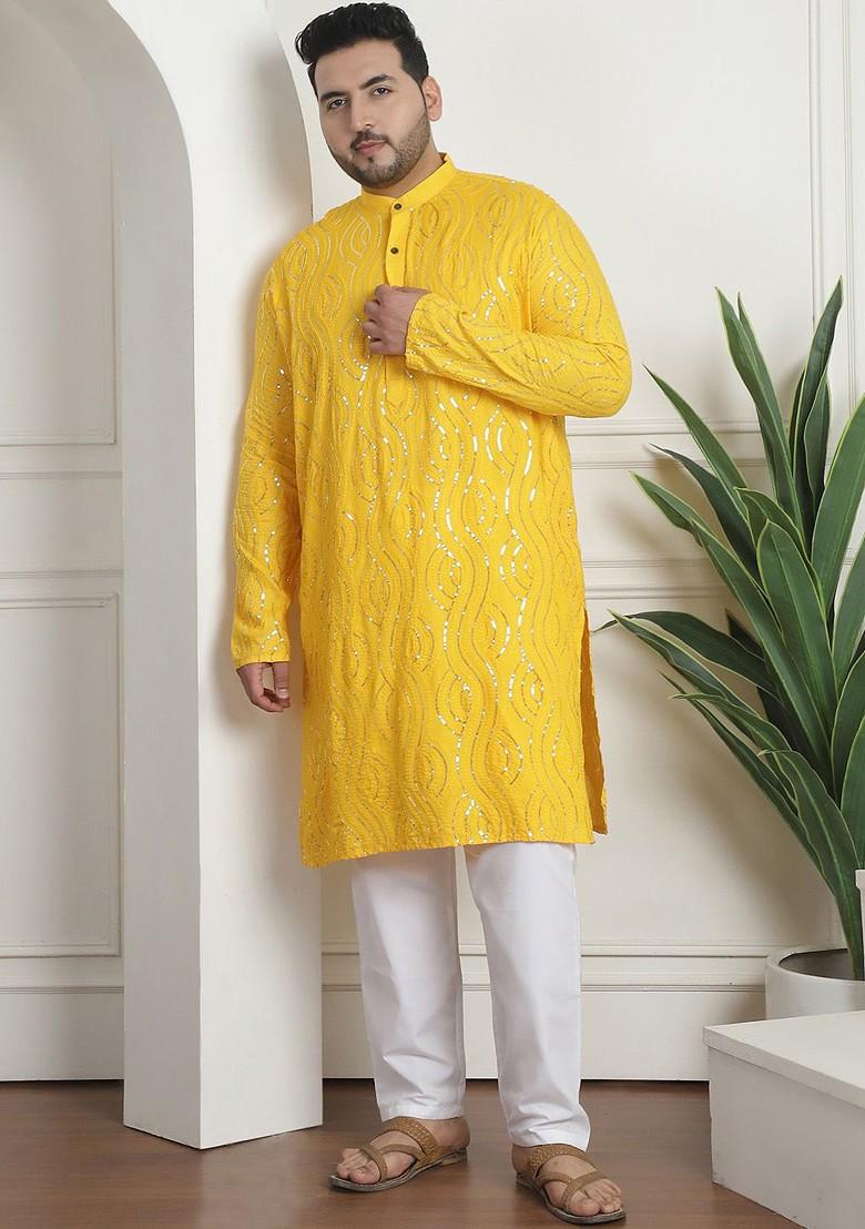 Mustard Embroidered Cotton Kurta Set For Men