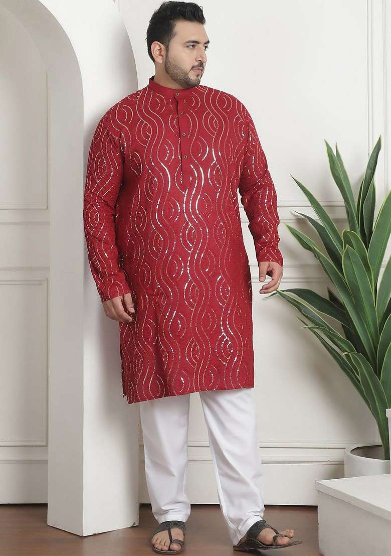 Maroon Embroidered Cotton Kurta Set For Men - Indya