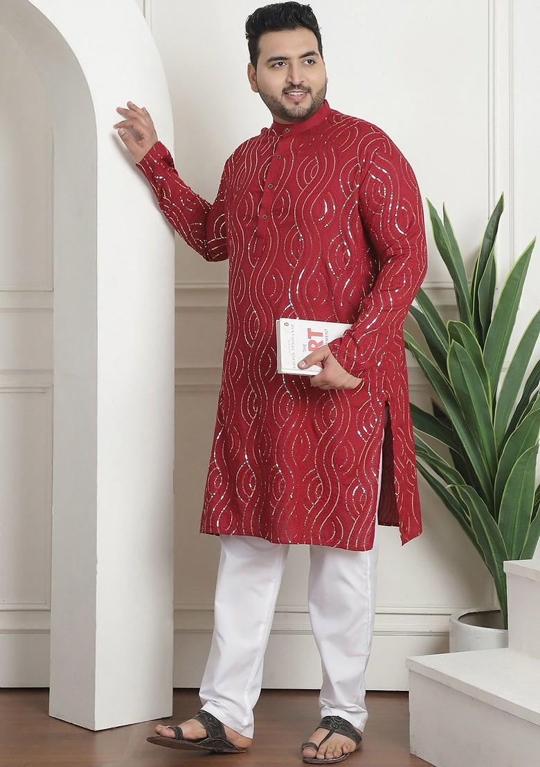 Maroon Embroidered Cotton Kurta Set For Men