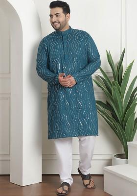 Teal Blue Embroidered Cotton Kurta Set For Men
