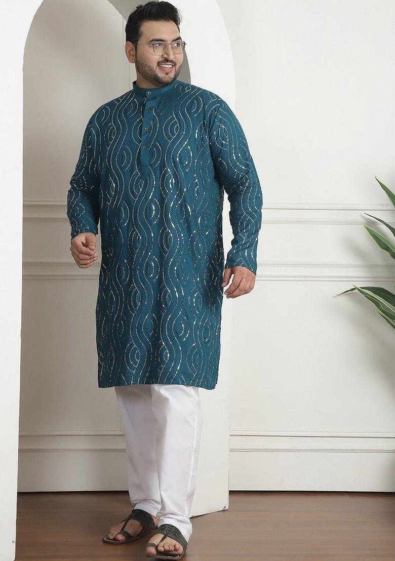 Teal Blue Embroidered Cotton Kurta Set For Men