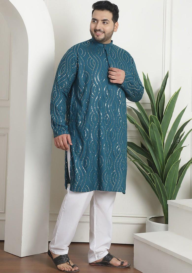Teal Blue Embroidered Cotton Kurta Set For Men