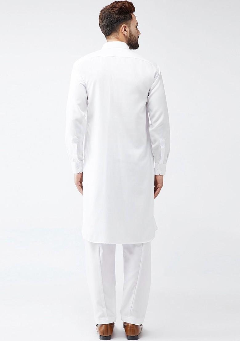 White Solid Poly Blend Kurta Set For Men