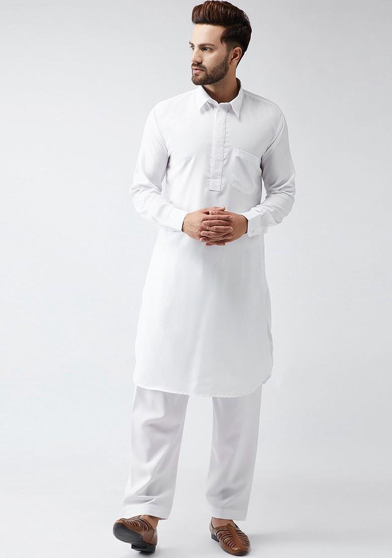 White Solid Poly Blend Kurta Set For Men
