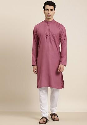Pink Solid Cotton Kurta Set For Men