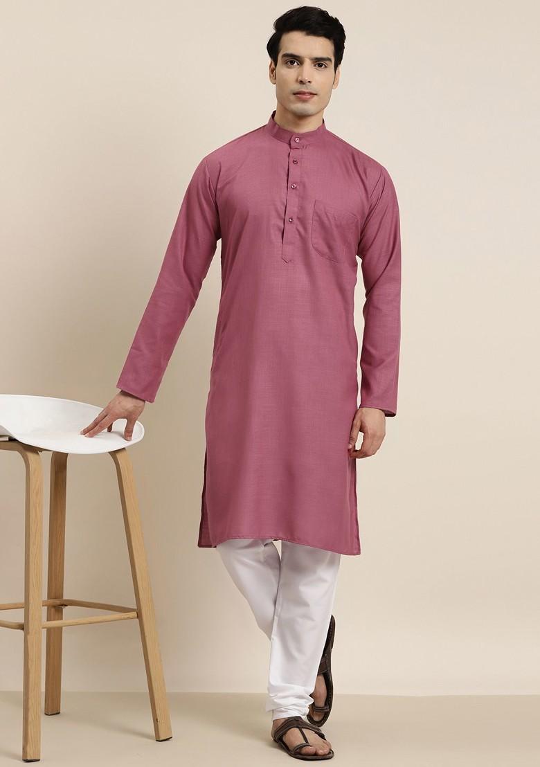 Pink Solid Cotton Kurta Set For Men