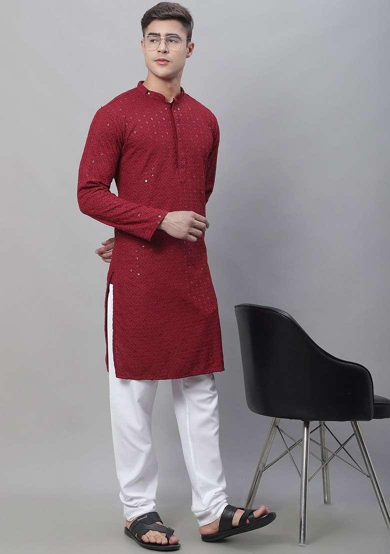 Maroon Embroidered Cotton Kurta Set For Men - Indya