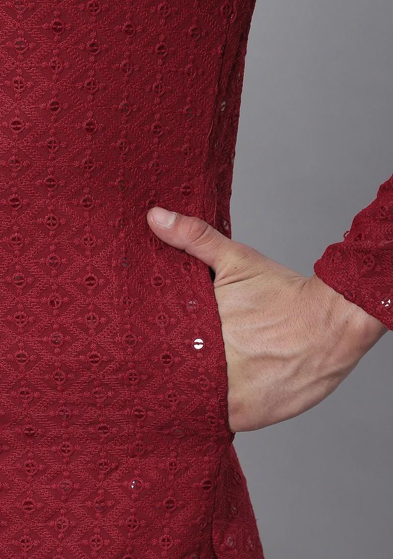 Maroon Embroidered Cotton Kurta Set For Men