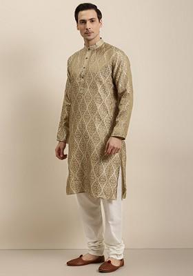 Beige Ethnic Motifs Silk Kurta Set For Men