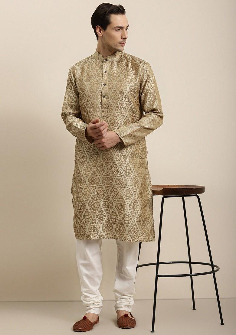 Beige Ethnic Motifs Silk Kurta Set For Men