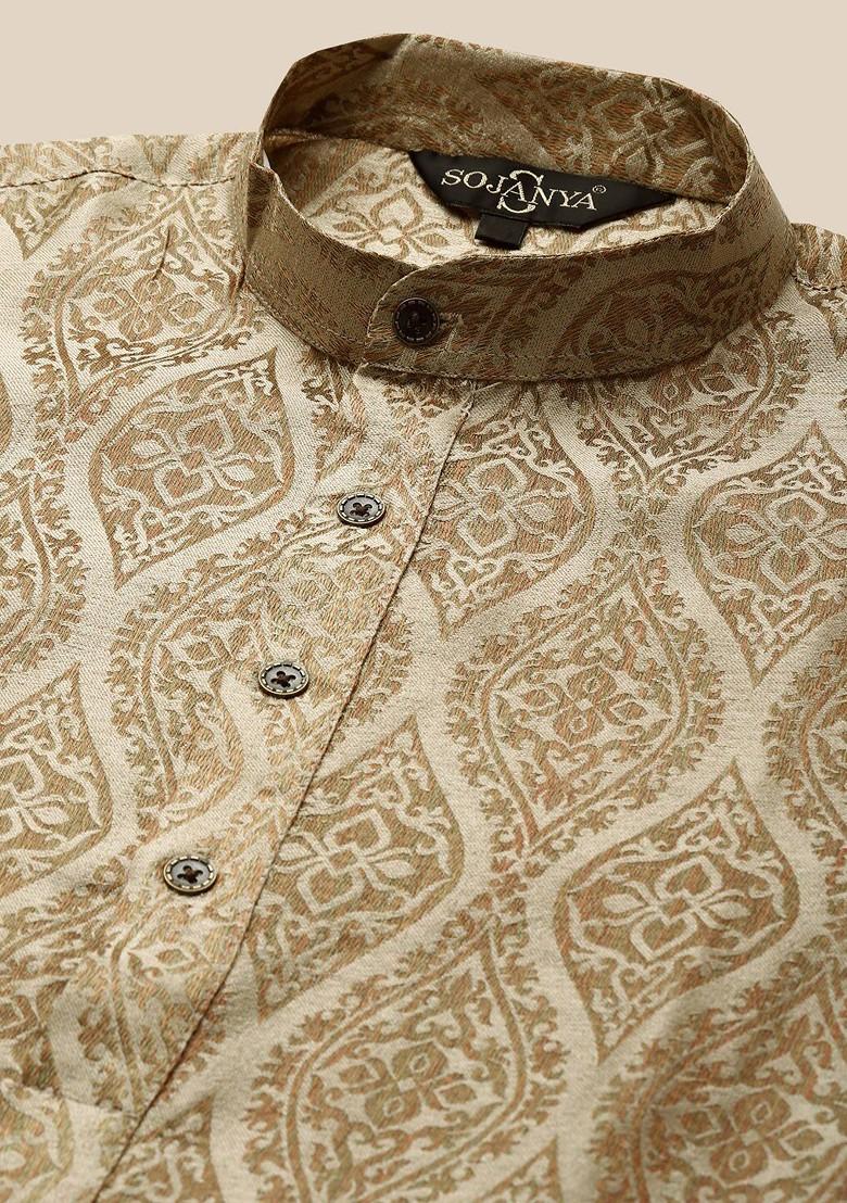 Beige Ethnic Motifs Silk Kurta Set For Men