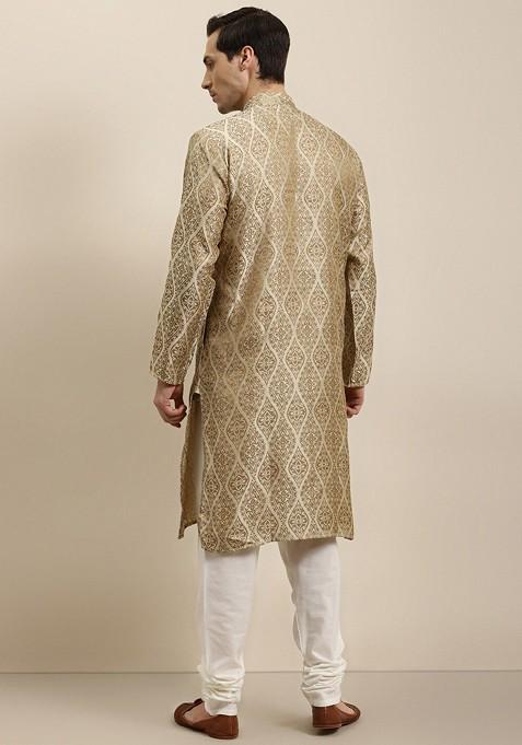 Beige Ethnic Motifs Silk Kurta Set For Men
