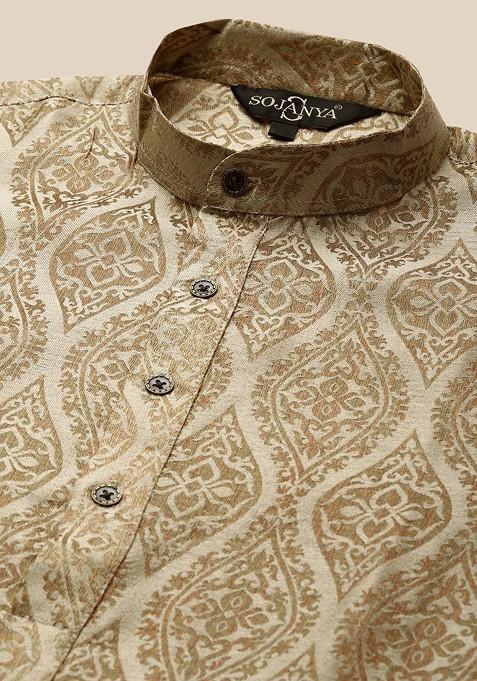 Beige Ethnic Motifs Silk Kurta Set For Men