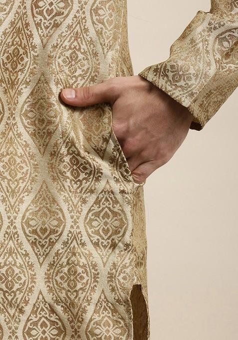 Beige Ethnic Motifs Silk Kurta Set For Men