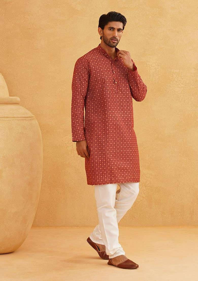 Maroon Printed Cotton Kurta Set For Men - Indya