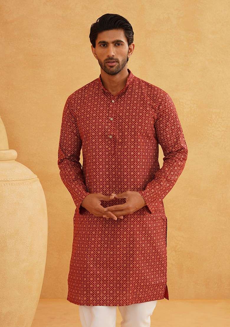 Maroon Printed Cotton Kurta Set For Men - Indya
