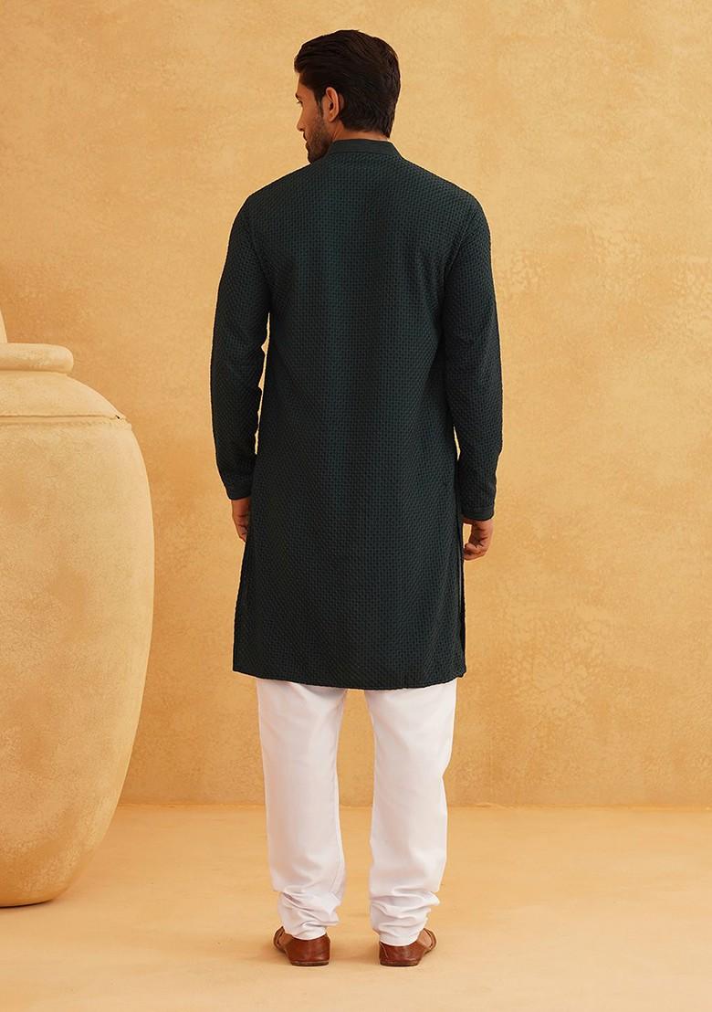 Green Thread Work Cotton Kurta Set For Men