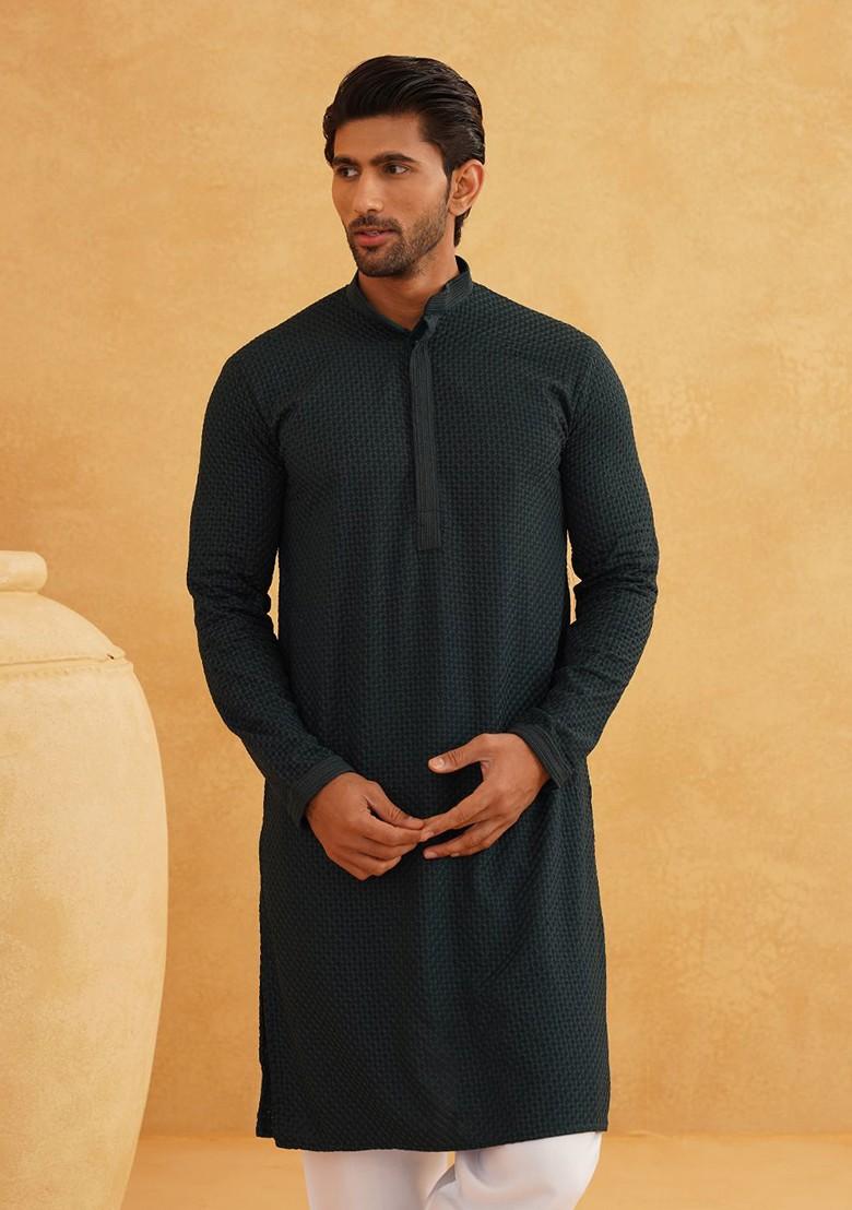 Green Thread Work Cotton Kurta Set For Men