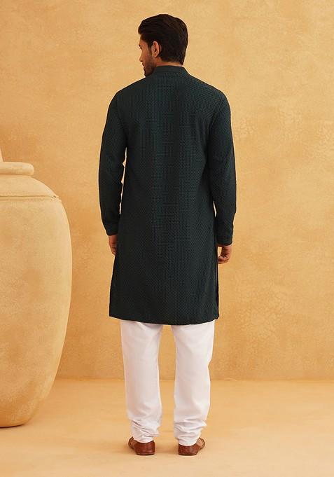 Green Thread Work Cotton Kurta Set For Men