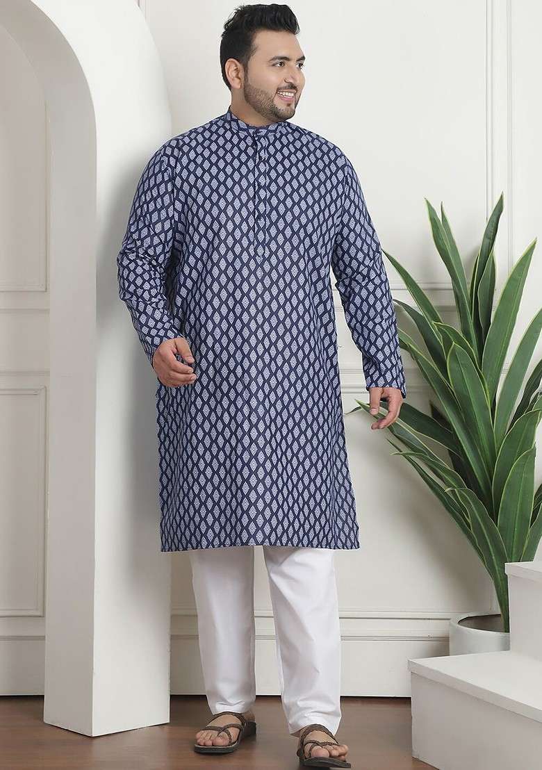 Navy Blue Ethnic Motifs Cotton Kurta Set For Men - Indya