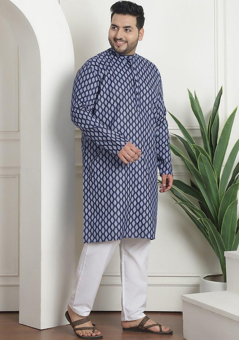 Navy Blue Ethnic Motifs Cotton Kurta Set For Men