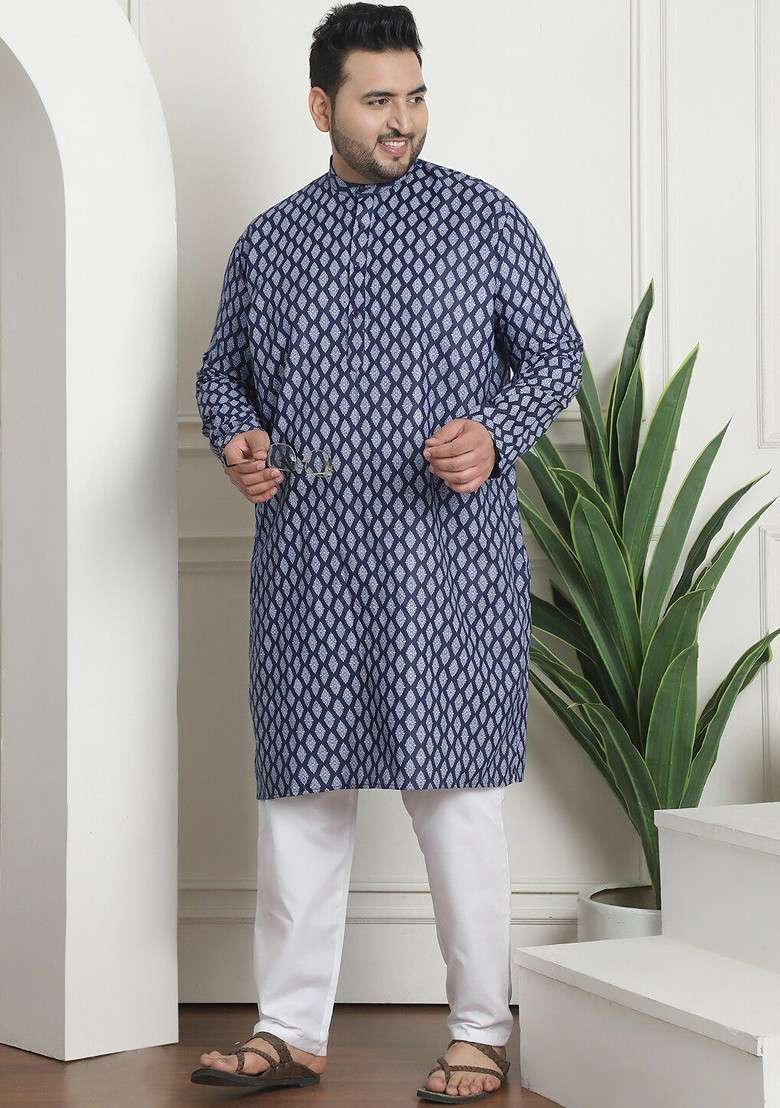 Navy Blue Ethnic Motifs Cotton Kurta Set For Men - Indya