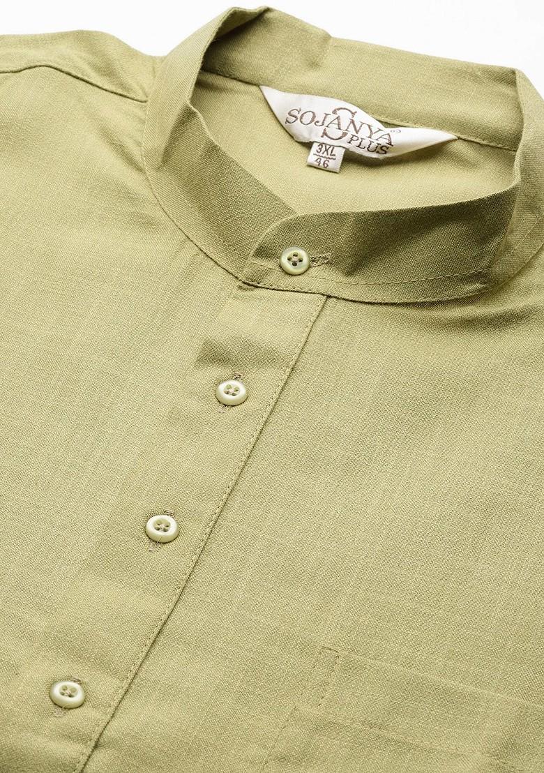 Olive Solid Cotton Kurta Set For Men