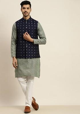 Teal Blue Ethnic Motifs Poly Blend Kurta Set For Men