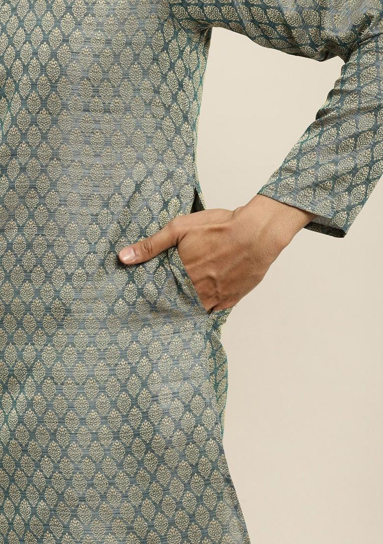Teal Blue Ethnic Motifs Poly Blend Kurta Set For Men