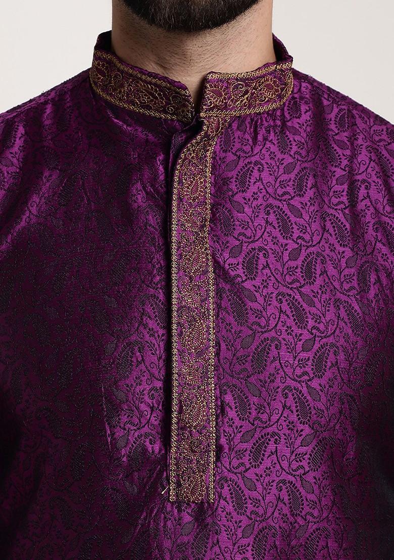Purple Solid Poly Blend Kurta Set For Men