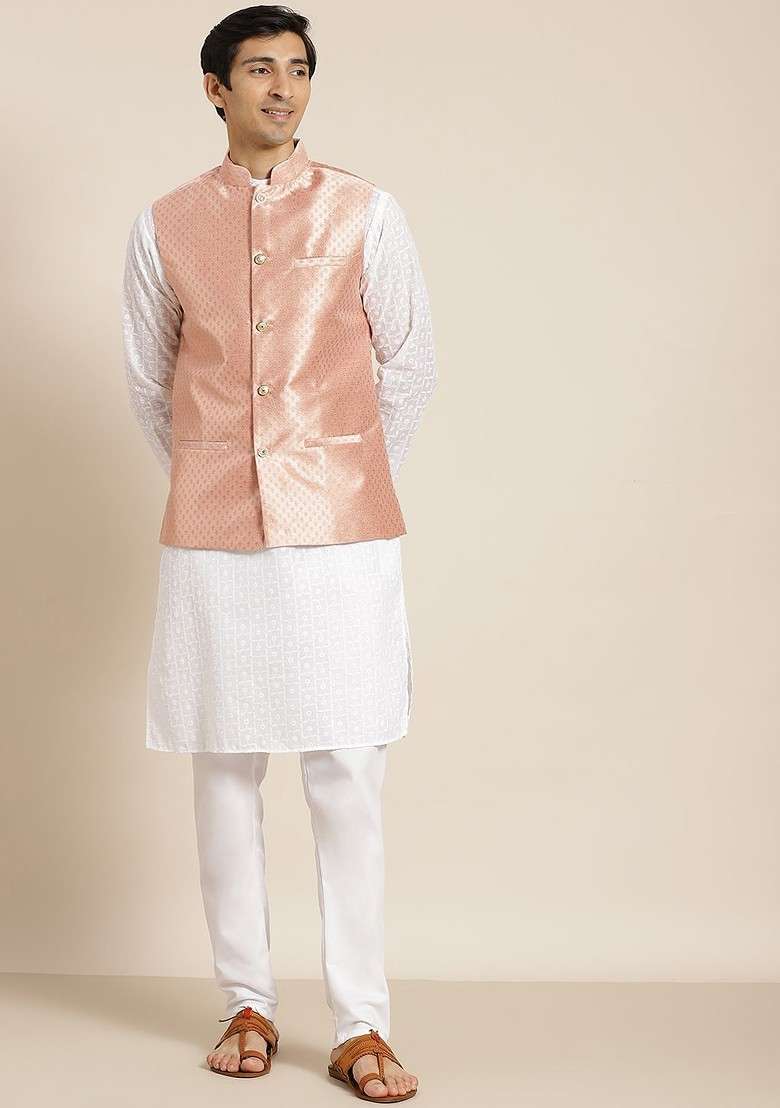 White Ethnic Motifs Cotton Kurta Set For Men - Indya