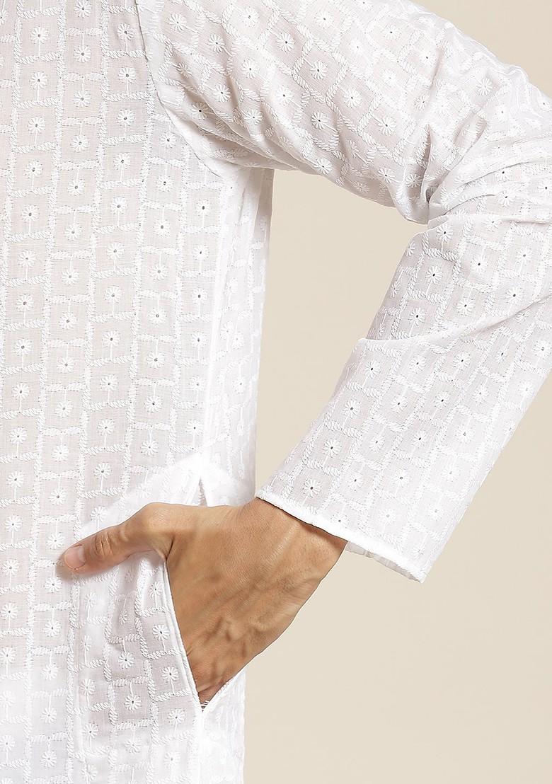 White Ethnic Motifs Cotton Kurta Set For Men