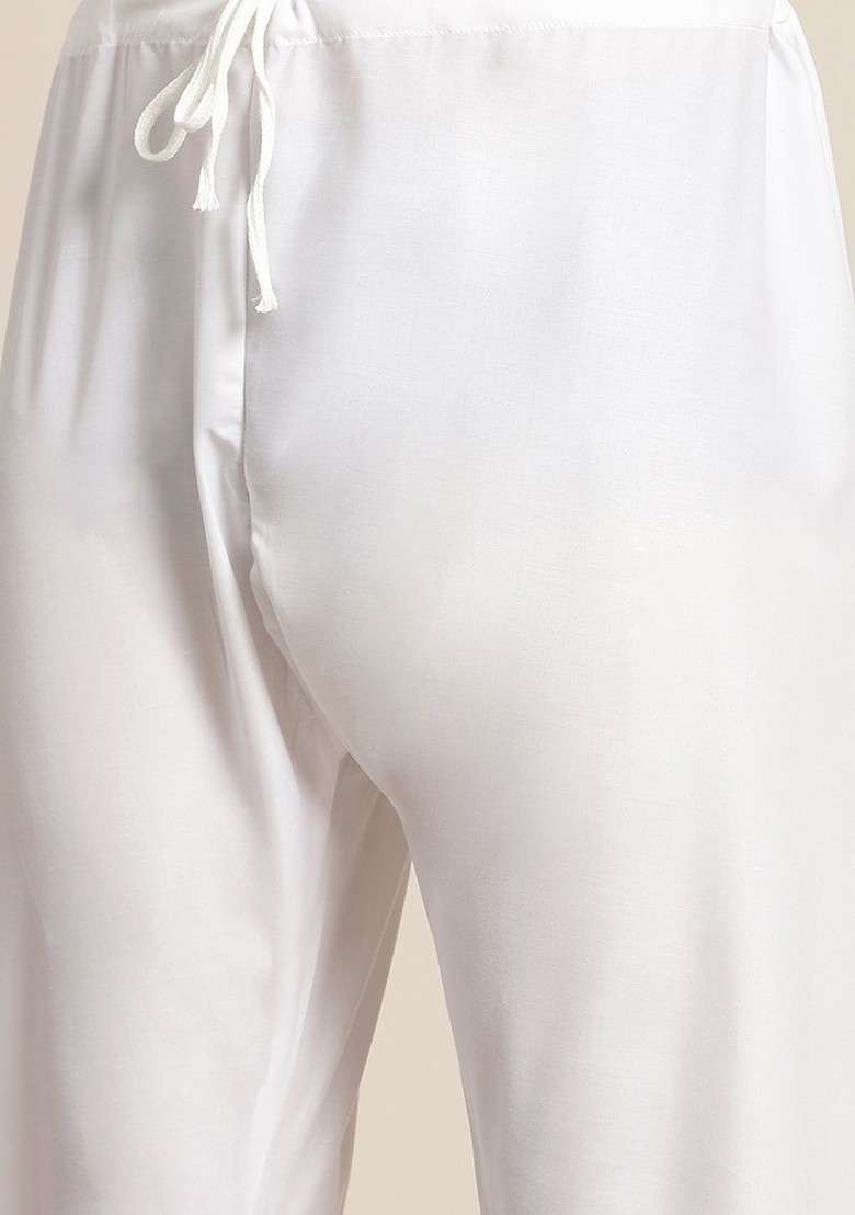 White Ethnic Motifs Cotton Kurta Set For Men - Indya
