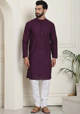 Maroon Thread Work Cotton Kurta Set For Men