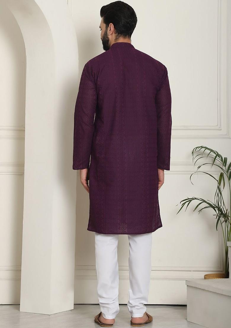 Maroon Thread Work Cotton Kurta Set For Men
