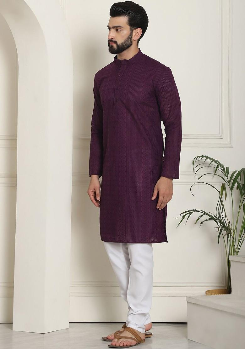 Maroon Thread Work Cotton Kurta Set For Men