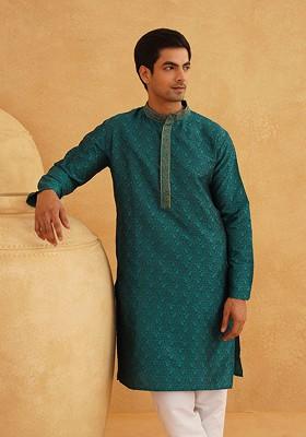 Teal Blue Ethnic Motifs Poly Blend Kurta Set For Men