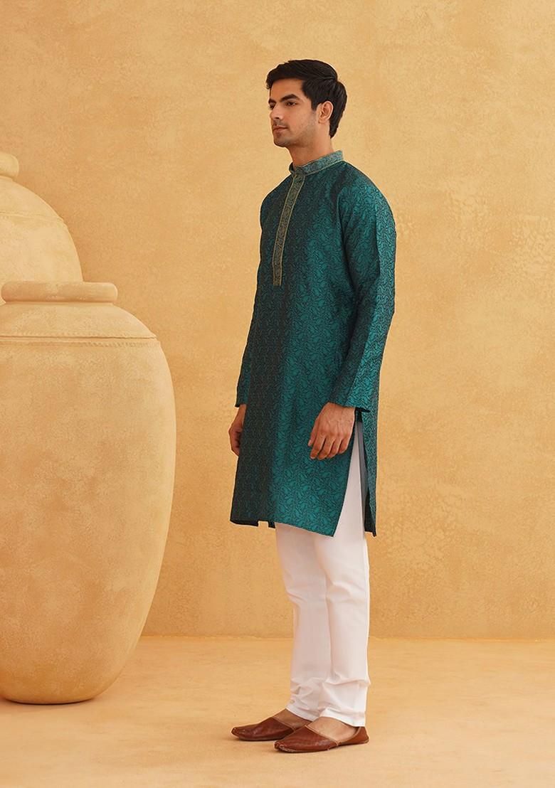 Teal Blue Ethnic Motifs Poly Blend Kurta Set For Men
