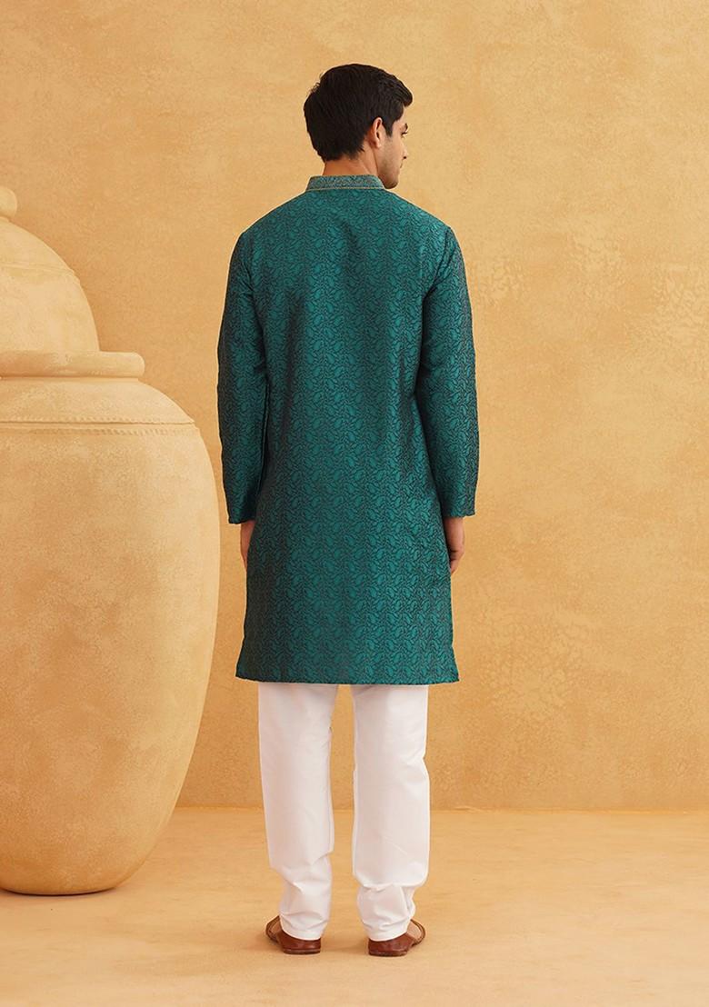 Teal Blue Ethnic Motifs Poly Blend Kurta Set For Men