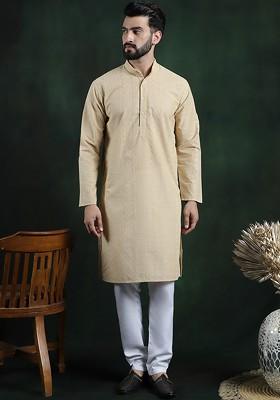Beige Thread Work Cotton Kurta Set For Men